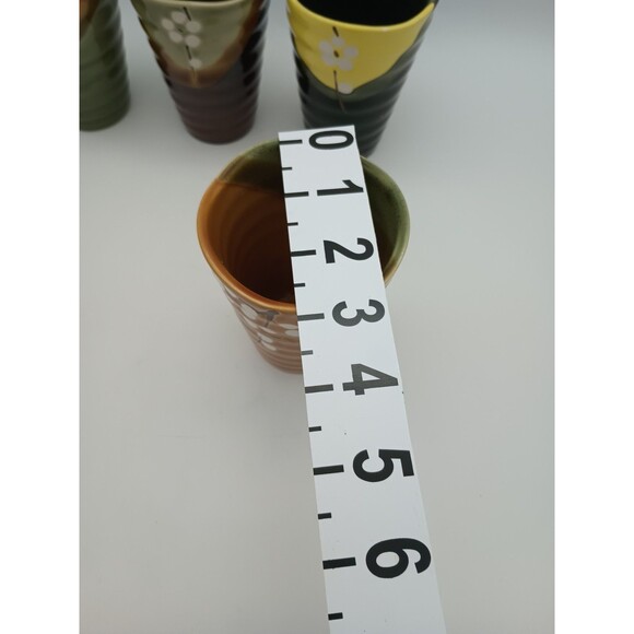 4 Vtg Japanese Coil Pottery Cherry Blossom Cups Wavy Rim Fall Colors - Picture 7 of 7